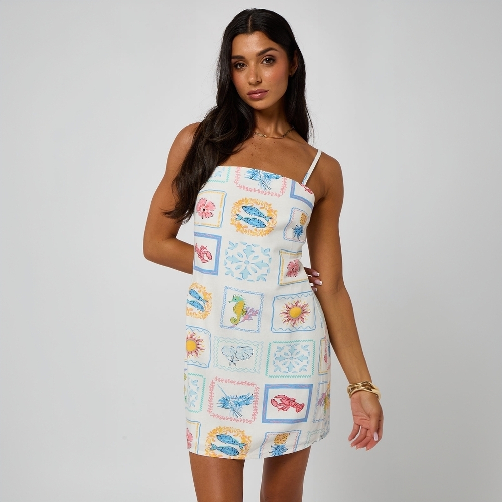 Japna Coastal Print Mini Sundress Smocked Back Linen Blend M
